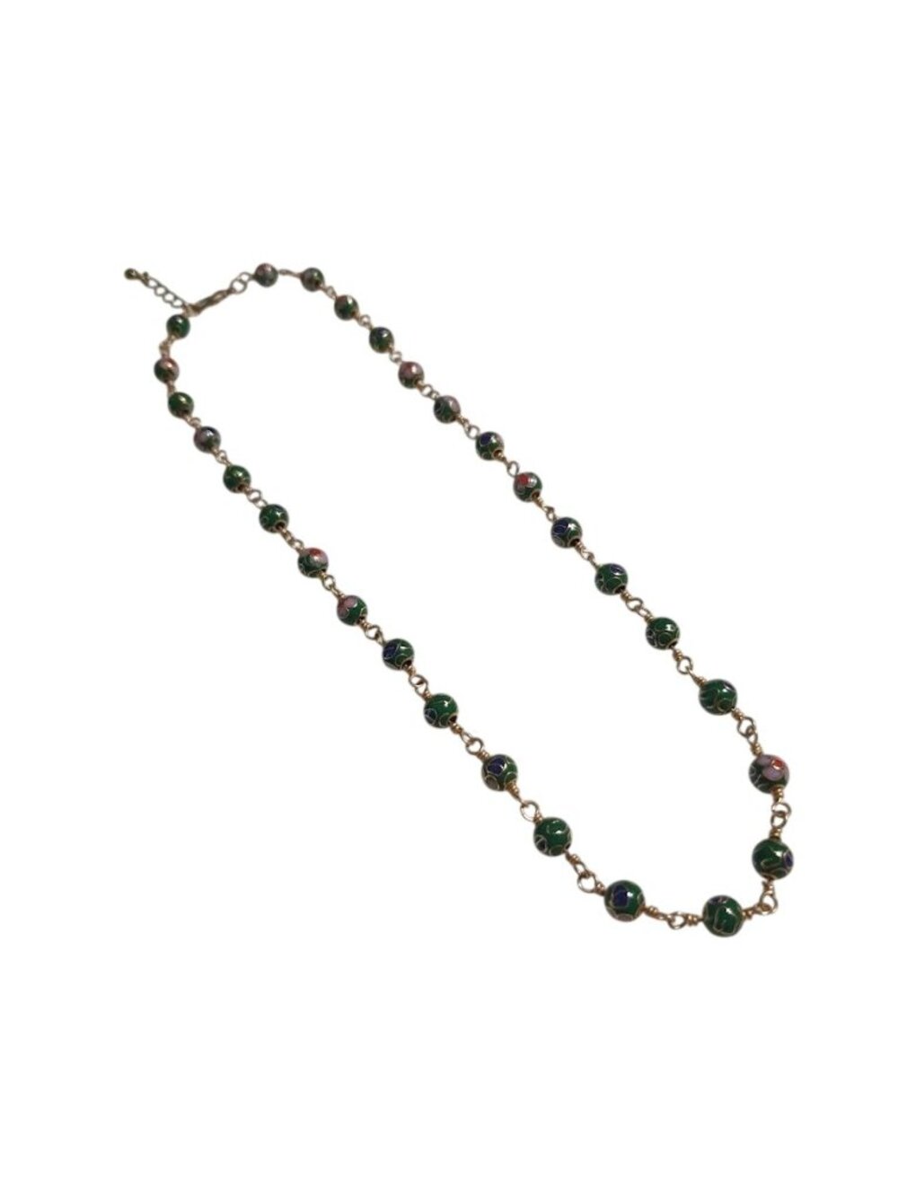 Vintage Cloisonne Bead Necklace Green Enamel Floral Gold Tone Clasp Fine Jewelry